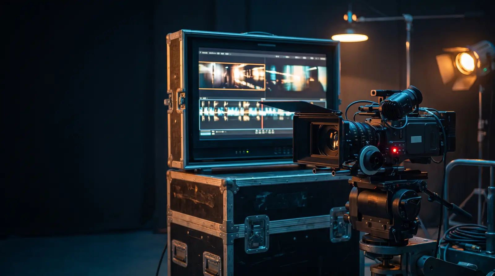 Кинематографическая иллюстрация создания AI-видео: свет, экран и съёмочная техника